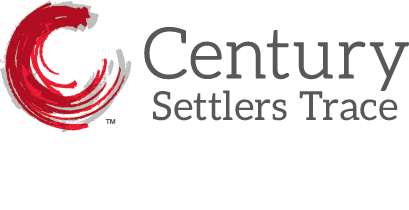 A logo with a red swirl and the words Century Settlers trace.